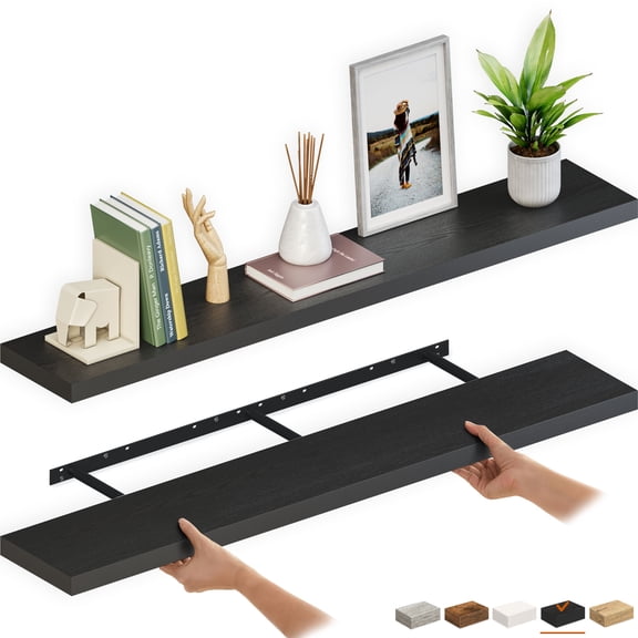 Ballucci 60" Floating Shelves, 2-Pack Wood Wall Shelf Set with Invisible Brackets, 8" Deep, Black