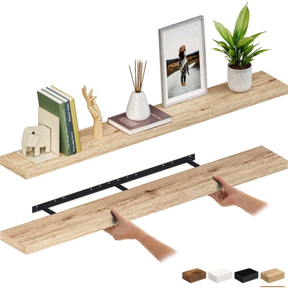 Ballucci 60" Floating Shelves for Wall, 2-Pack with Invisible Brackets, 8" Deep, Oak Finish