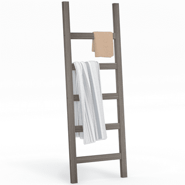 Ballucci Blanket Ladder, 5 Tier Wood Leaning Towel Rack and Quilt Display Shelf, Brushed Gray