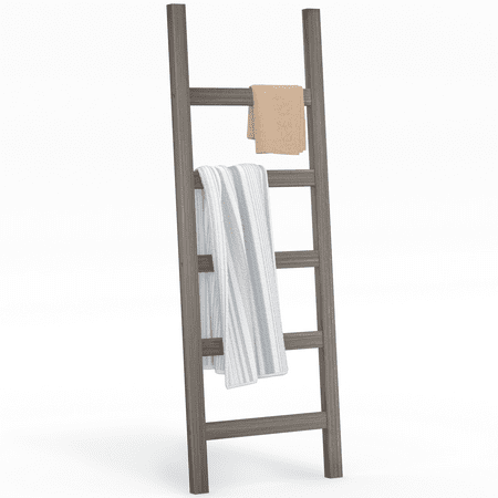 Ballucci Blanket Ladder, 5 Tier Wood Leaning Towel Rack and Quilt Display Shelf, Brushed Gray