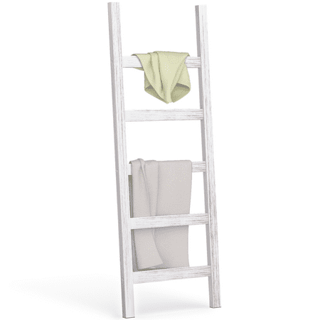 Ballucci Blanket Ladder, 5 Tier Wood Leaning Towel Rack and Quilt Display Shelf, Rustic White
