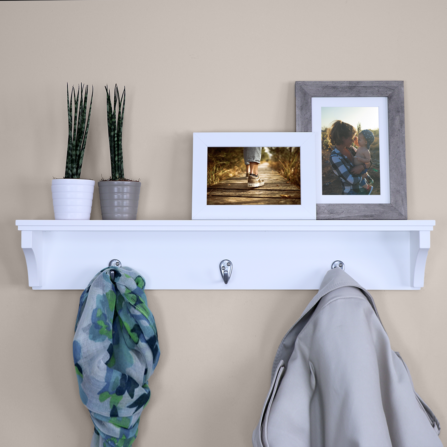 Ballucci Coat Rack Shelf Wall Mount Entryway Organizer with 3 Metal Hooks White