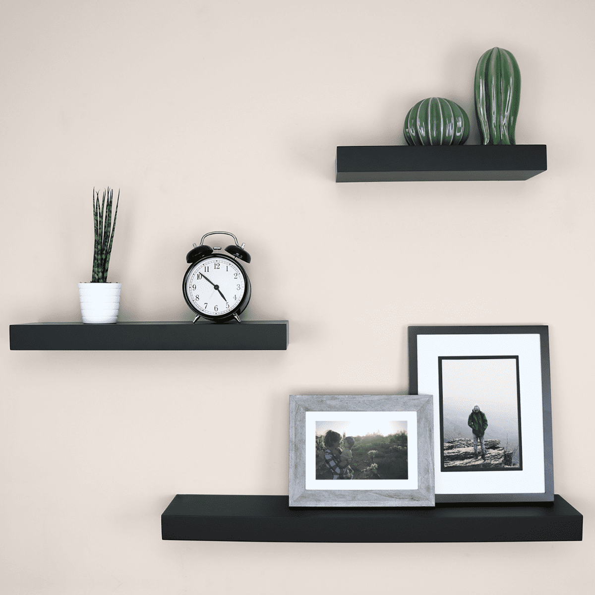 Ballucci Contemporary Floating Wall Shelves, Set of 3 Wood Wall Shelves, 12", 16", 24", Black