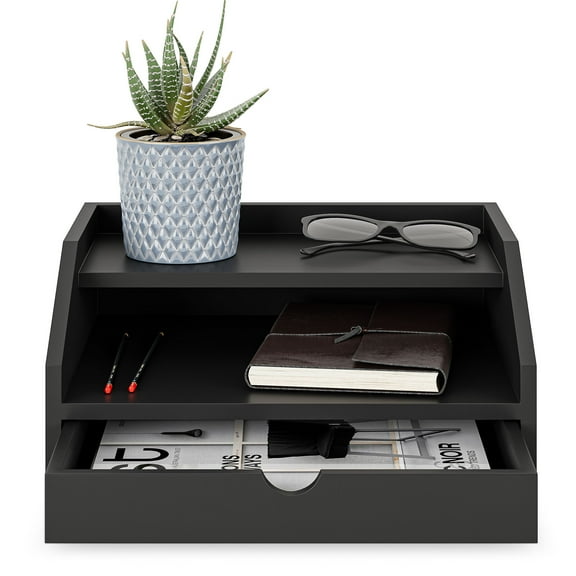 Ballucci Desk Organizer with Drawer, 3 Tier Paper File Holder and Mail Sorter, Black
