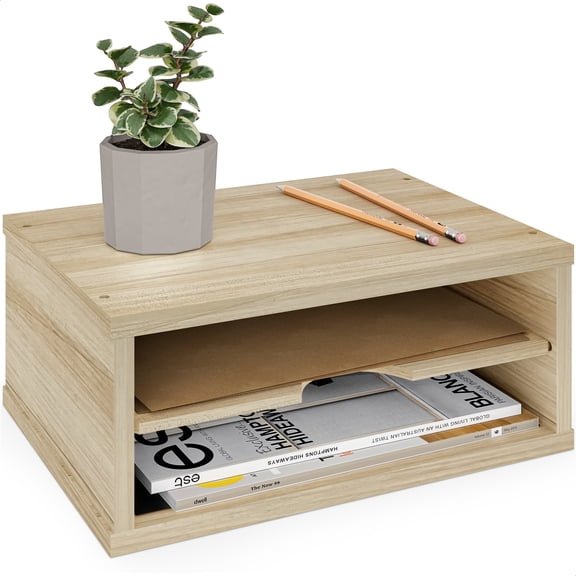 Ballucci File Organizer, 2-Tier Document Paper Sorter, Stackable Wood Desk Organizer Mail Holder, Monitor Stand with Storage Shelves, Natural Wood