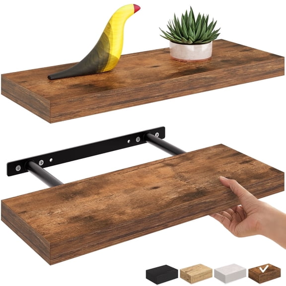 Ballucci 16" Floating Shelves for Wall, 2-Pack with Invisible Brackets, 6" Deep, Rustic Brown