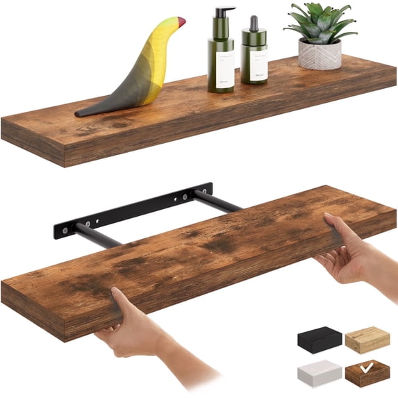 Ballucci 24" Floating Shelves, 2-Pack Wood Wall Shelf Set with Invisible Brackets, 6" D, Rustic Brown