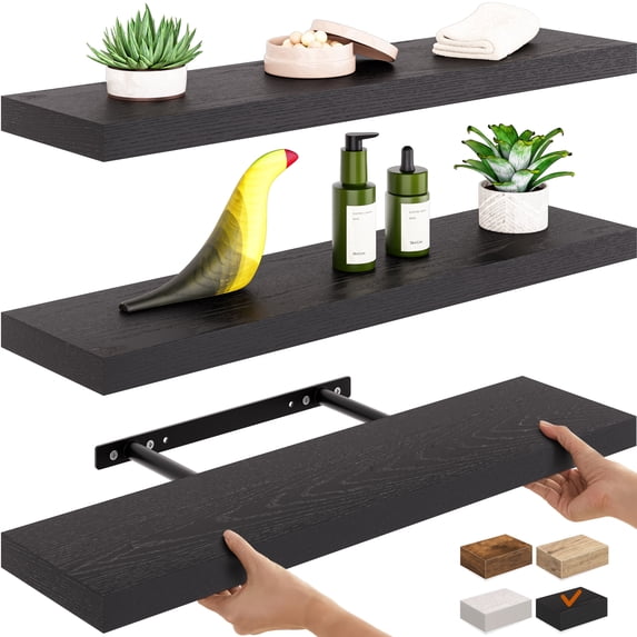 Ballucci 24" Floating Shelves for Wall, 3-Pack with Invisible Brackets, 6" Deep, Black