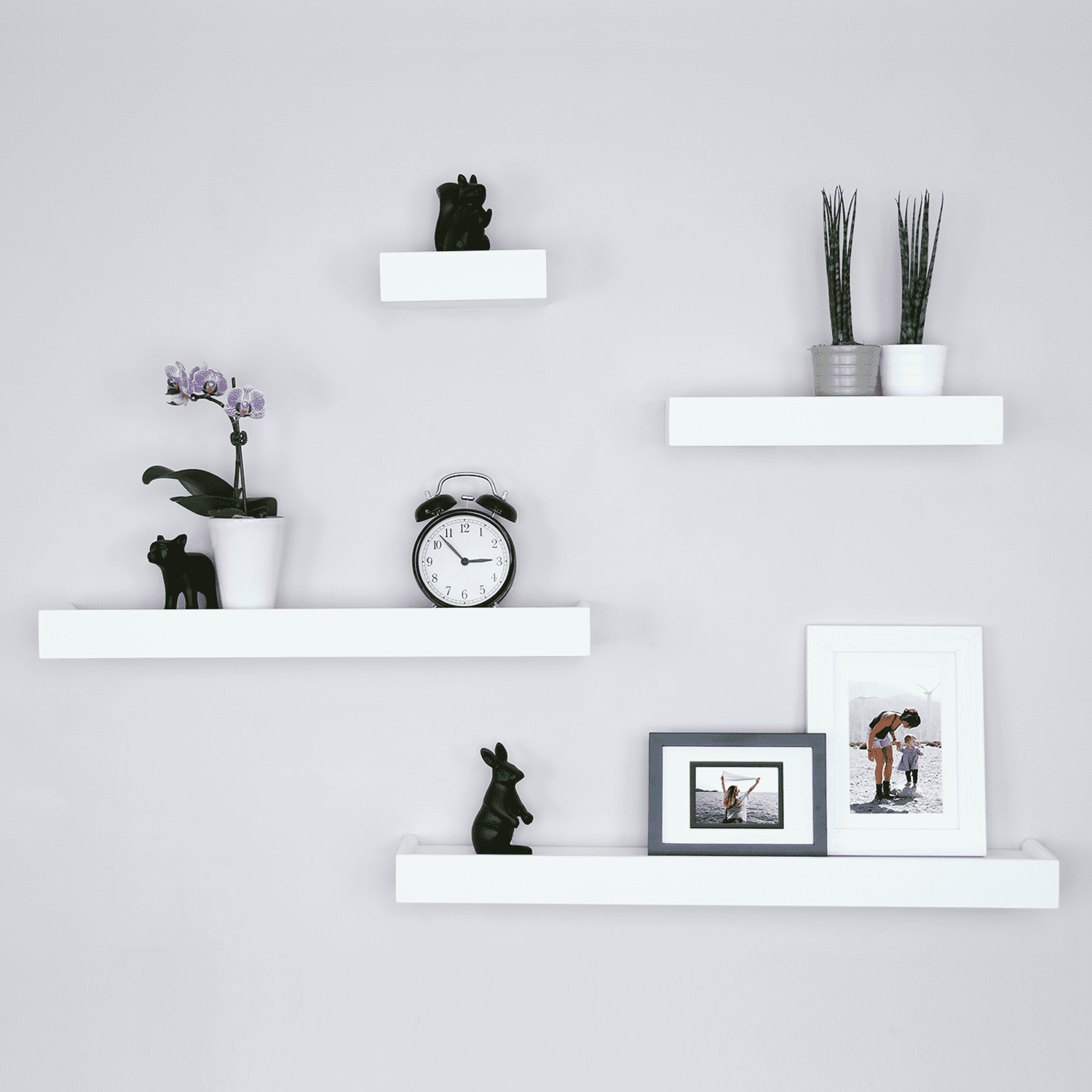 White Wood Floating Wall Shelves with Front Lip, Set of 4