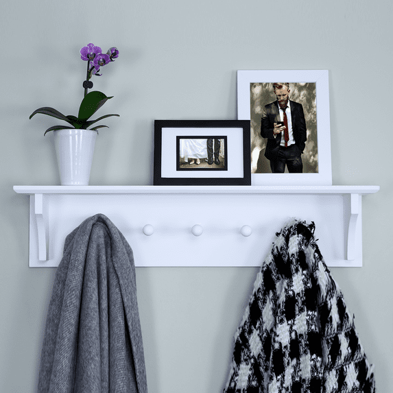 Ballucci Wall Coat Rack Shelf, Entryway Floating Shelf Rack, 5 Pegs, 24", White
