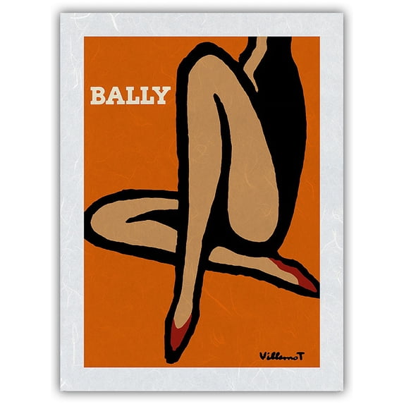 Bally Shoes - Woman Red Slip-On’s - Vintage Advertising Poster by Bernard Villemot c.1967 - Japanese Unryu Rice Paper Art Print (Unframed) 12 x 16 in