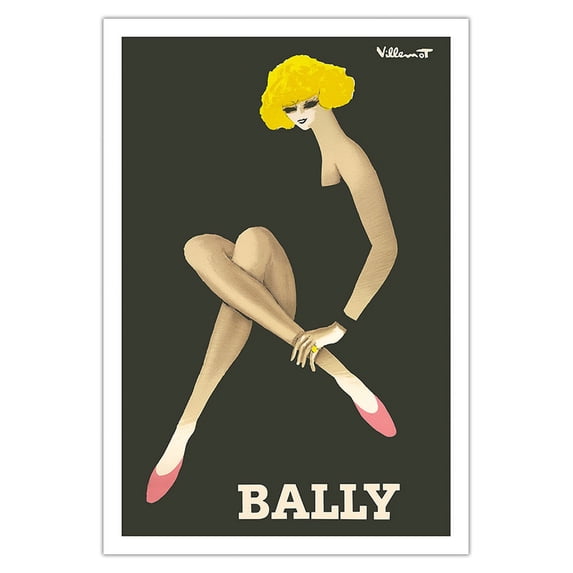 Bally Shoes - Woman in Pink Slip-On's - Vintage Advertising Poster by Bernard Villemot c.1982 - Fine Art Matte Paper Print (Unframed) 30x44in