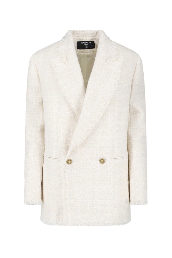 Cream Double-Breasted Tweed Gold-Tone Blazer (Women's)