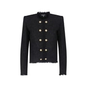 Balmain Cropped Textured Jacket With Gold Button Details Womens