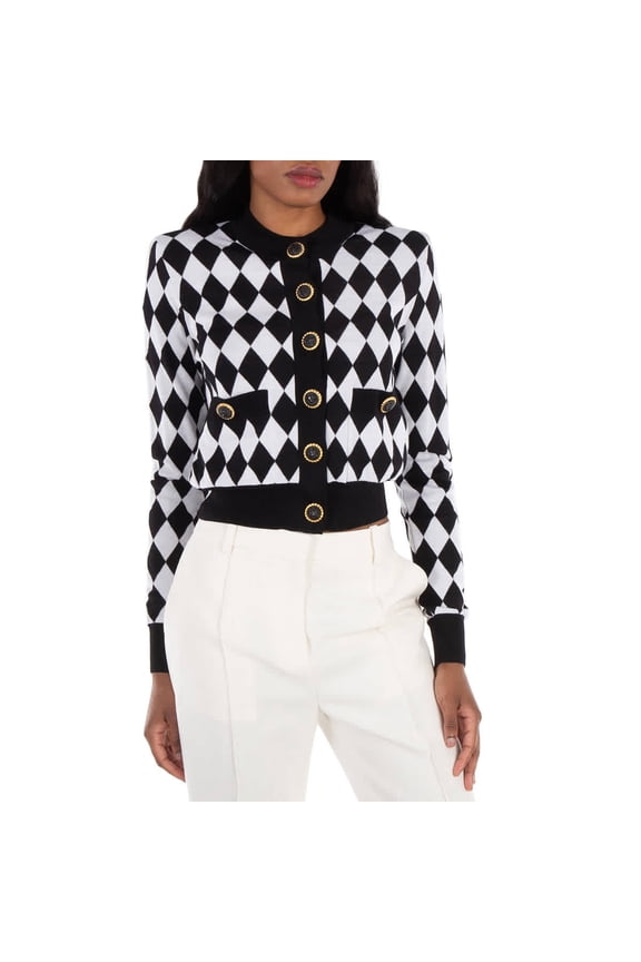 Diamond-Intarsia Virgin Wool Cardigan, Brand Size 38 (US Size 6)