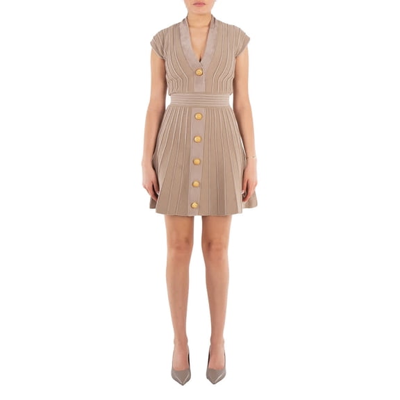 Balmain Female Mini Dress With Ribbed Texture And Elegant Button Detail Neutrals Sizes FR 32-60