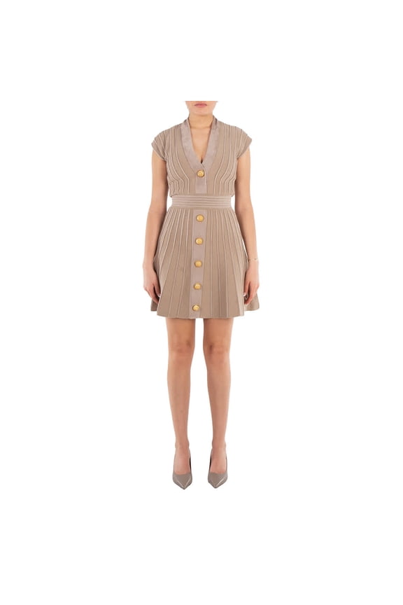 Female Mini Dress With Ribbed Texture And Elegant Button Detail Neutrals Sizes FR 32-60