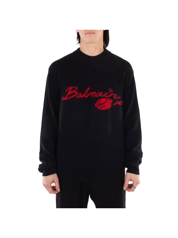 Male Black Virgin Wool Knit Crewneck Sweater Black Sizes standard XXXS-7XL