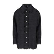 Balmain Textured Black Tweed Shirt With Gold-Tone Button Closure Womens