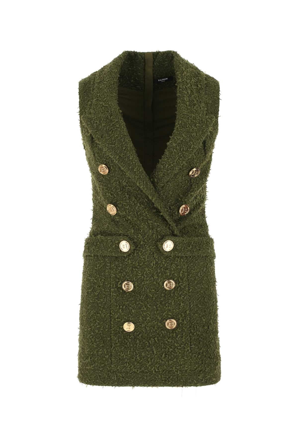 Balmain Woman Army Green Tweed Blazer Dress