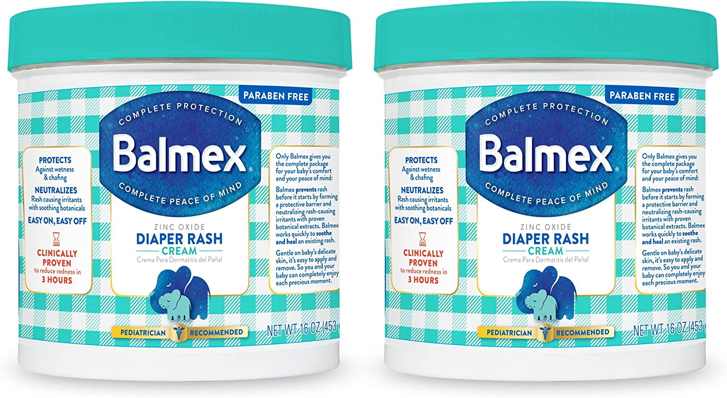Balmex Complete Protection Baby Diaper Rash Cream with Zinc Oxide + Soothing Botanicals, 16 Oz, Pack of 2