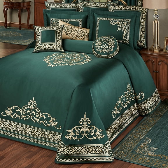 Balmoral Royal Style Bedding, Gold-Embroidered Emerald Green, 10-pc Cal King Bedspread Set
