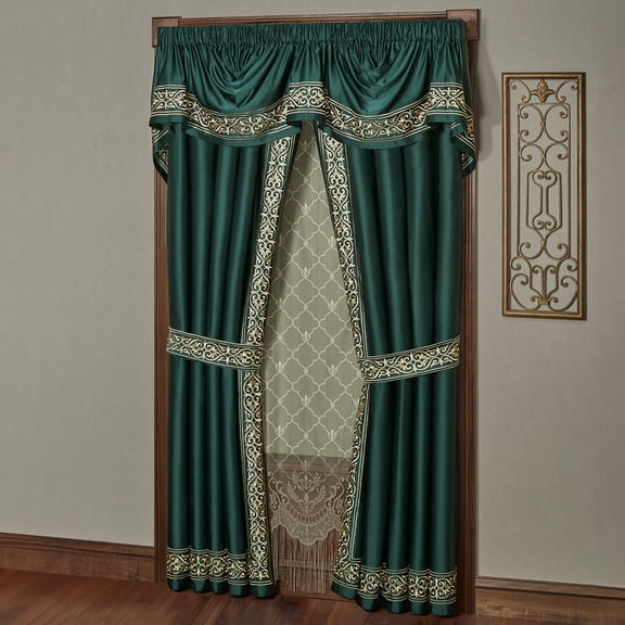 Balmoral Royal Style Window Set, Embroidered Emerald Green, Empire Valance & 84L Curtains