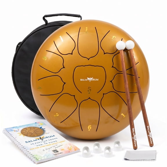 Balmy Drum Steel Tongue Drum 10 inch 11 Notes, Handpan Drum with Music Book, Mallets, Carry Bag, Finger Picks, Rain Drum for Outdoor, Meditation Yoga Calming Instruments for Adults Kids (Gold)