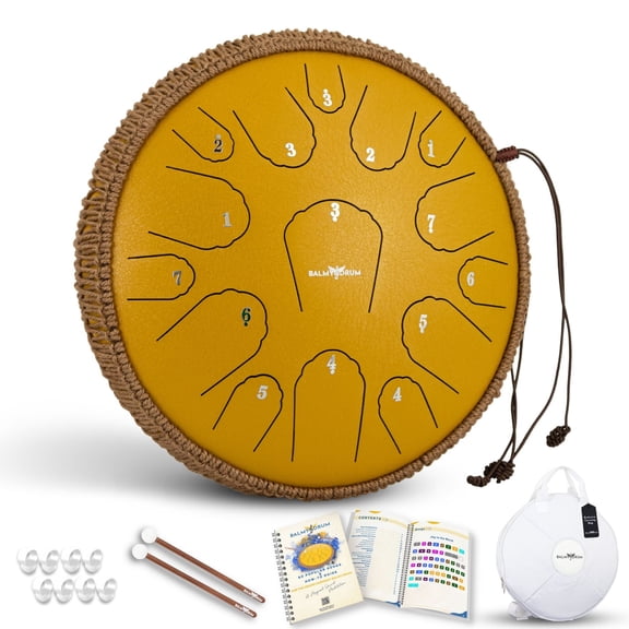 Balmy Drum Steel Tongue Drum 14 inch 15 Notes 440Hz, Handpan Drum with Music Book, Mallets, Carry Bag, Finger Picks, Rain Drum for Outdoor, Meditation Yoga Calming Instruments for Adults Kids (Gold)