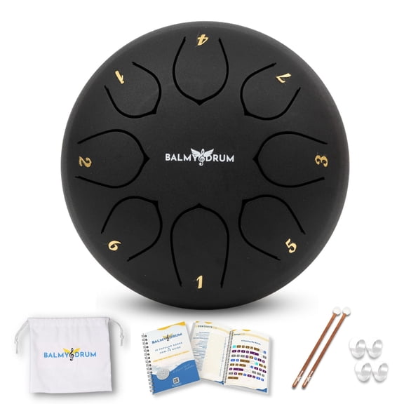 Balmy Drum Steel Tongue Drum 6 inch 8 Notes, Handpan Drum with Music Book, Mallets, Carry Bag, Finger Picks, Rain Drum for Outdoor, Meditation Yoga Calming Instruments for Adults Kids (Black)