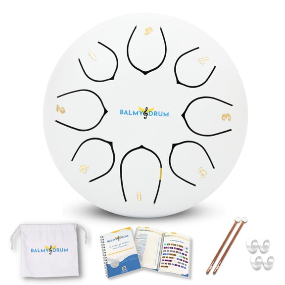 Balmy Drum Steel Tongue Drum 6 inch 8 Notes 440Hz, Handpan Drum with Music Book, Mallets, Carry Bag, Finger Picks, Rain Drum for Outdoor, Meditation Yoga Calming Instruments for Adults Kids (White)