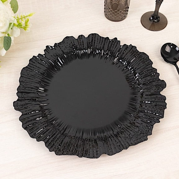 Balsa Circle 10 Black 13 in Round Plastic Charger Plates with Reef Rim Design Party Tableware Wedding Reception Birthday Event Home Decorations Supplies