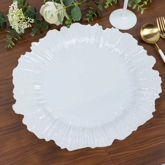 Balsa Circle 10 Pearl White 13 in Round Plastic Charger Plates with Reef Rim Design Party Tableware Wedding Reception Birthday Event Home Decorations Supplies