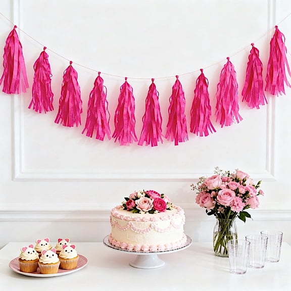 Balsa Circle 10 Pink Pre-Tied 12 in Tissue Paper Tassels Garland with Hanging String Party Wedding Reception Birthday Event Decorations Supplies