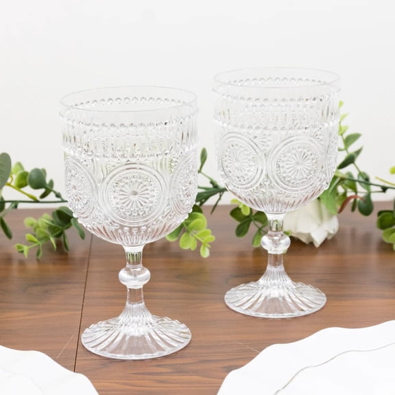 Balsa Circle 12 Clear 15oz Shatterproof Plastic Wine Glasses with Embossed Floral Pattern