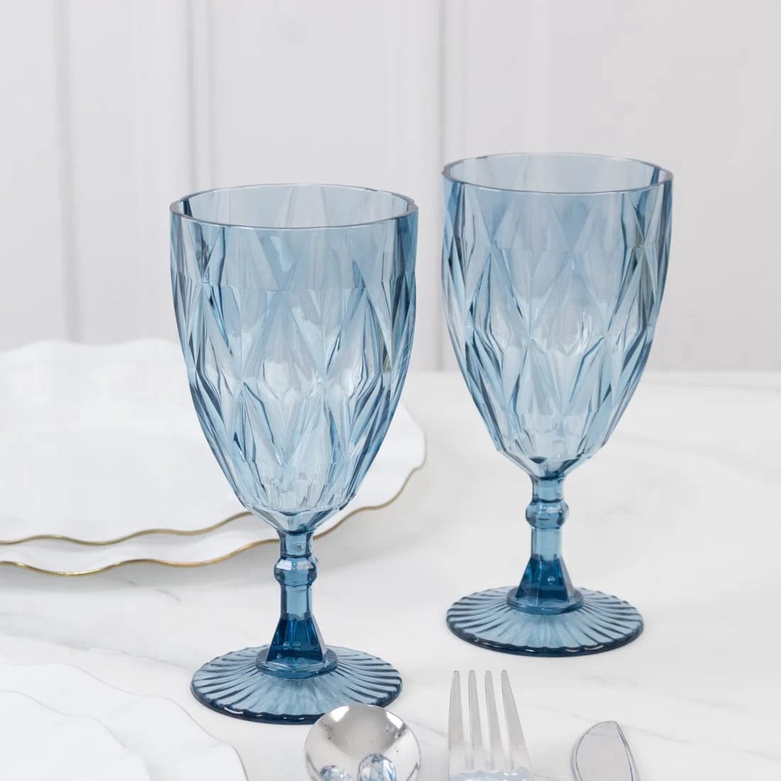 Balsa Circle 12 Dusty Blue 11oz Vintage Diamond Cut Plastic Wine Glasses Wedding Supplies