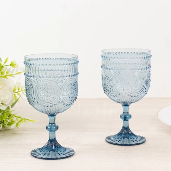 Balsa Circle 12 Dusty Blue 15oz Shatterproof Plastic Wine Glasses Embossed Floral Pattern