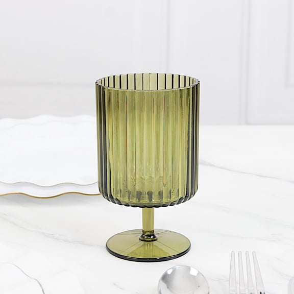 Balsa Circle 12 Dusty Sage Green 12 oz Plastic Wine Glasses Vintage Ribbed Pattern Short Stemmed Cocktails Dining Tableware Decorations