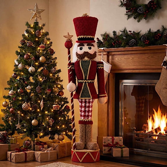 Balsa Circle 45 in Red Nutcracker Soldier Figurine with Houndstooth Jacket, Star Staff and Gold Trim Party Events