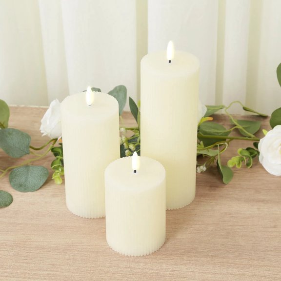 Balsa Circle 5 LED Ivory Warm White Flameless Pillar Candles Battery Operated Flickering with Ribbed Design Party Events Decorations