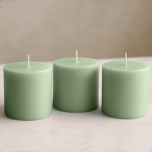 Balsa Circle 6 Sage Green 3x3 in Dripless Round Unscented Wax Pillar Candles Party Wedding Reception Centerpieces Event Home Decorations Supplies