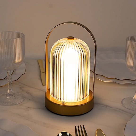 Balsa Circle 8 " Gold Metal Rechargeable Cordless Table Lamp Clear Ribbed Acrylic Shade