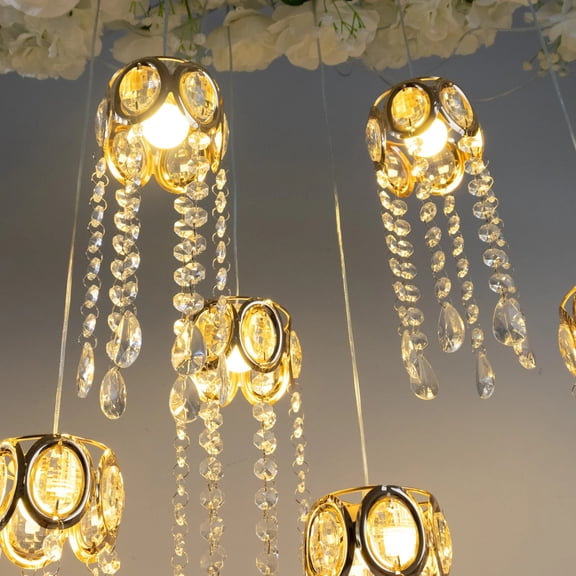 Balsa Circle LED Crystal String Lights with Gold Oval Metal Frame and Clear Hanging Pendants Party Wedding Reception Event Home Decorations Supplies