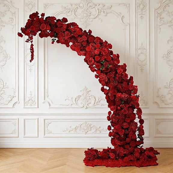 Balsa Circle Red 8 feet with Roses, Hydrangeas and Chrysanthemums Silk Floral Half Crescent Wedding Arch Party Photo Background Wedding Reception Event Decorations