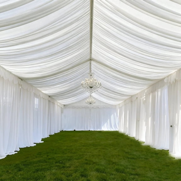 Balsa Circle White 25x36 feet 4-Way Stretch Spandex 100 GSM Tent Ceiling Drape with Pole Backdrop Curtain Pockets Party Wedding Reception Event Decorations Supplies