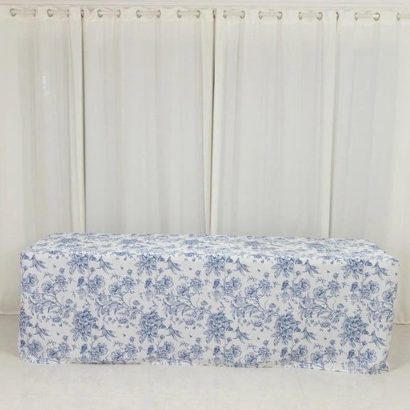 Balsa Circle White Blue 8 feet Fitted Polyester Rectangle Tablecloth with French Toile Floral Pattern Party Table Linens Wedding Reception Dinner Catering Event Decorations Supplies
