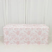 Balsa Circle White Pink 6 feet Fitted Polyester Rectangle Tablecloth with French Toile Floral Pattern Party Table Linens Wedding Reception Dinner Catering Event Decorations Supplies
