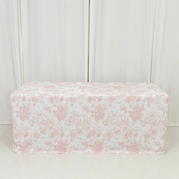 Balsa Circle White Pink 6 feet Fitted Polyester Rectangle Tablecloth with French Toile Floral Pattern Party Table Linens Wedding Reception Dinner Catering Event Decorations Supplies