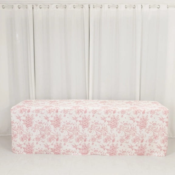 Balsa Circle White Pink 8 feet Fitted Polyester Rectangle Tablecloth with French Toile Floral Pattern Party Table Linens Wedding Reception Dinner Catering Event Decorations Supplies