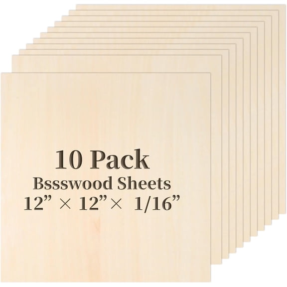 Balsa Wood Sheet, 10 Pack Plywood Sheets, Basswood Sheets 12X12X1/16 Inch, Unfinished Wood Boards Blanks for Laser Cutting, Engraving, Burning, Crafts